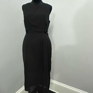 Black midi dress with cut-out lattice details at the waist